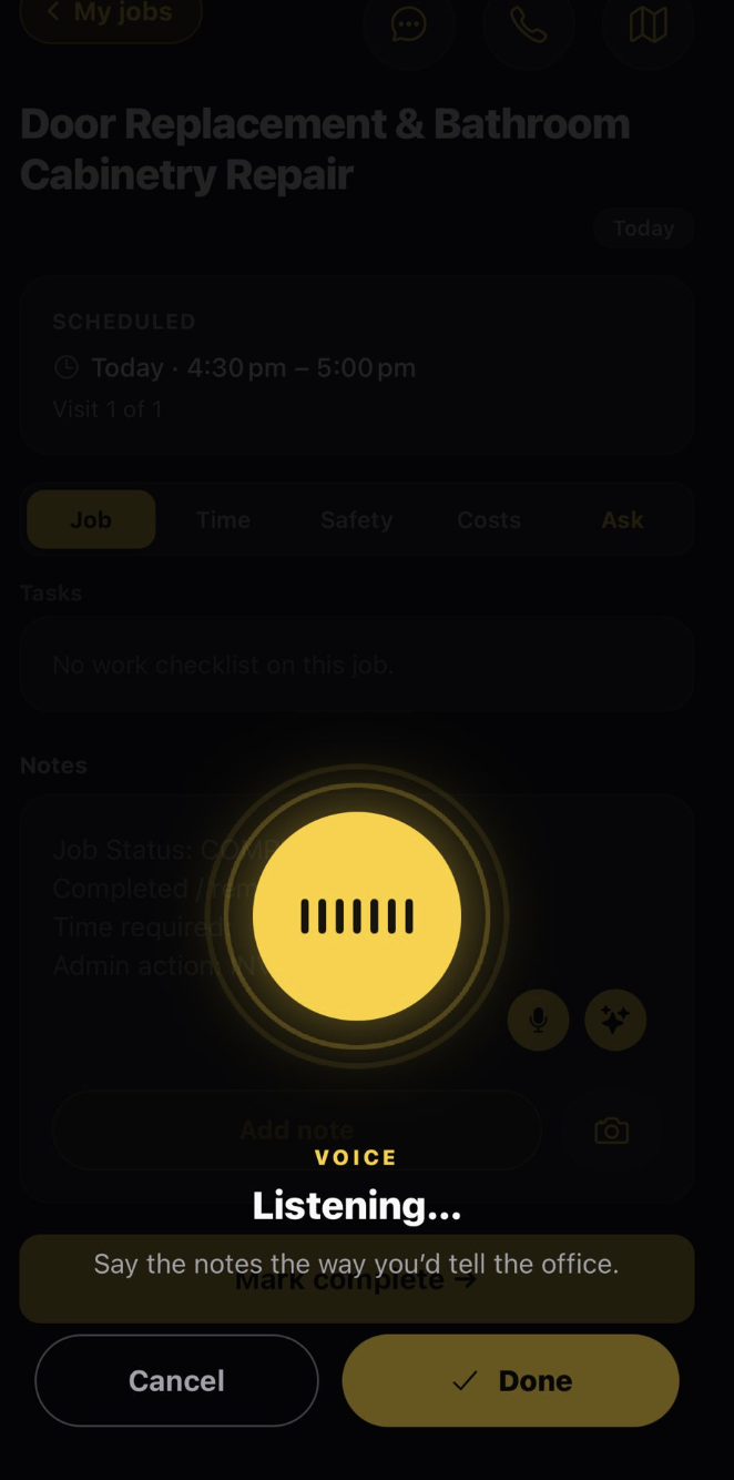 A tech dictating job notes into the Kepd field app: Listening, say the notes the way you would tell the office